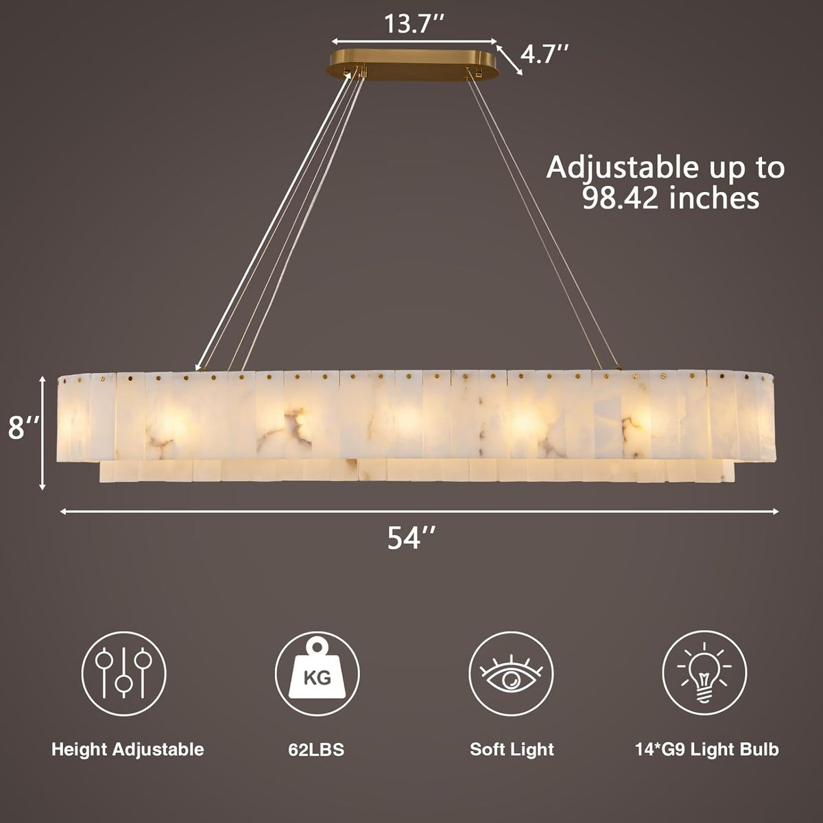 54" Gold Large Modern Rectangular Chandelier