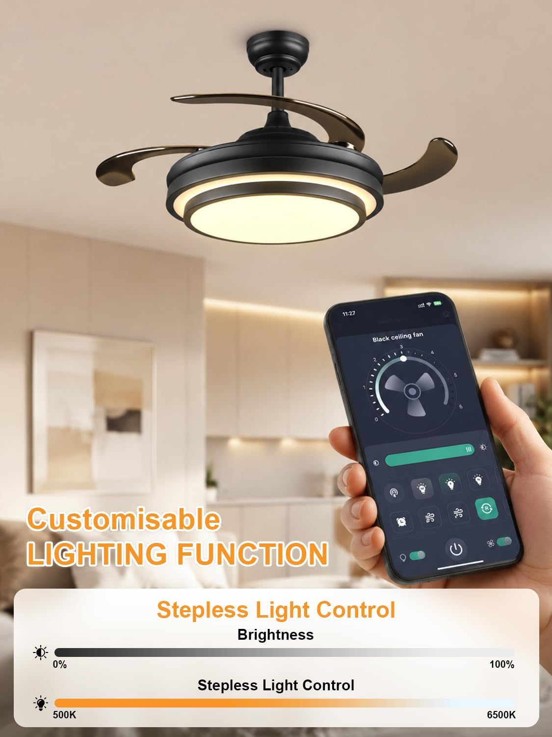 42" Black Chandelier Retractable Ceiling Fan with Light & Remote
