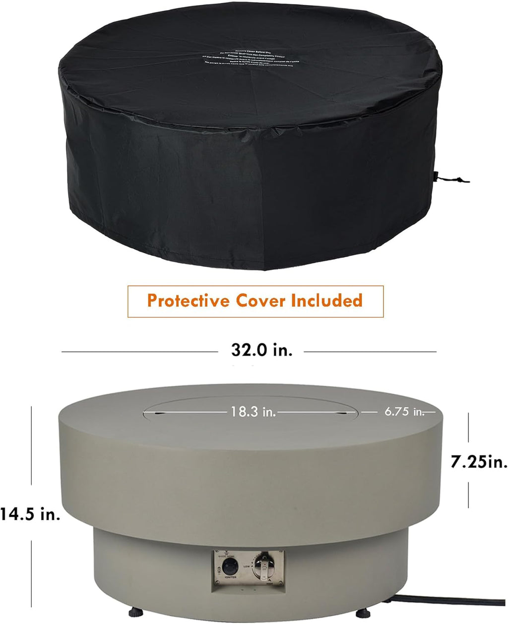 Propane Outdoor Fire Pit Table, Flint & Concrete Look 32-inch Round Patio Propane Fire Table 50,000 BTU w/Lid, Glass Rocks, Cover, Pre-Attached 10ft