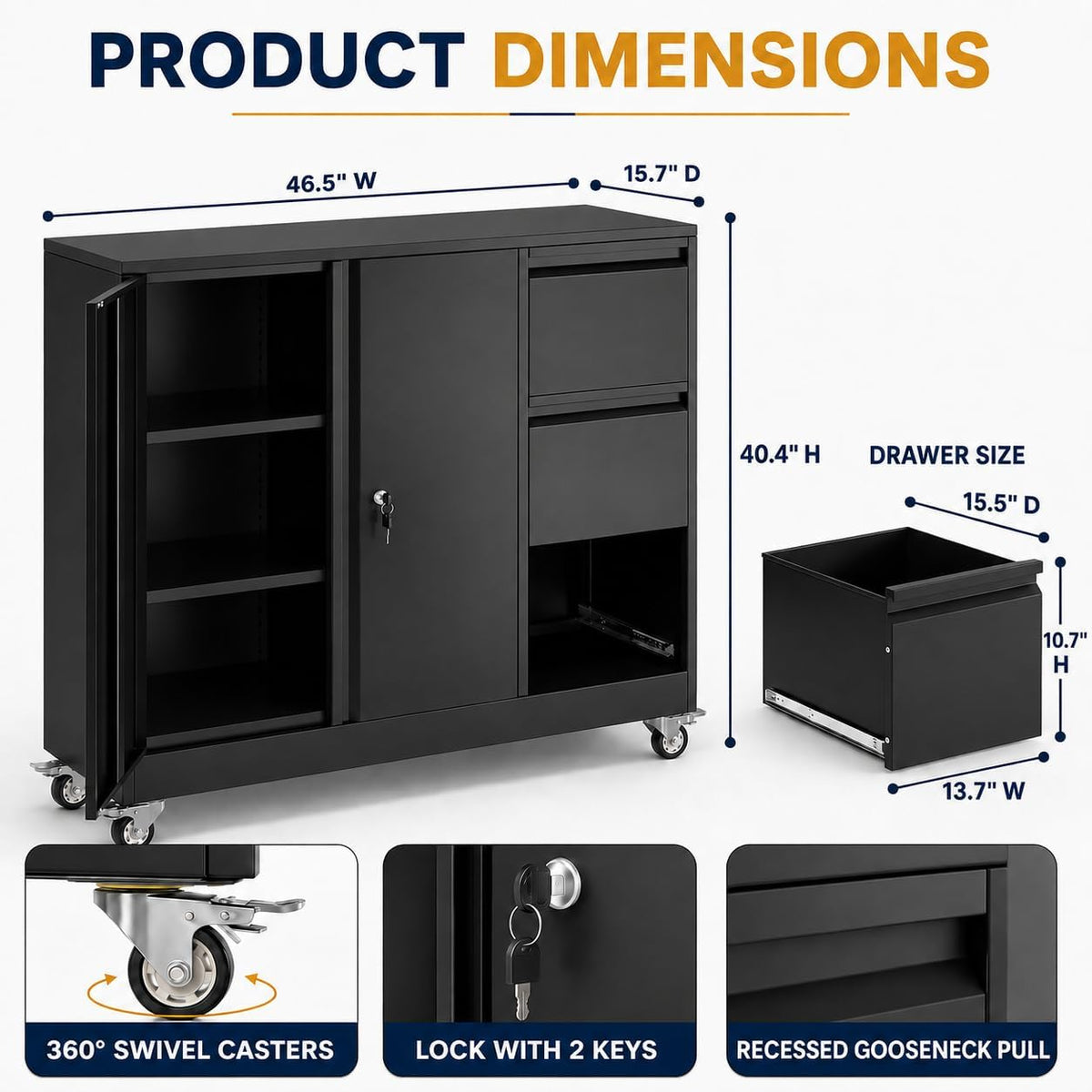 3 Drawer File Cabinet, Office Mobile Filing Cabinet, Printer Stand | All-in-One Office Storage, 3 Storage Drawers, 2