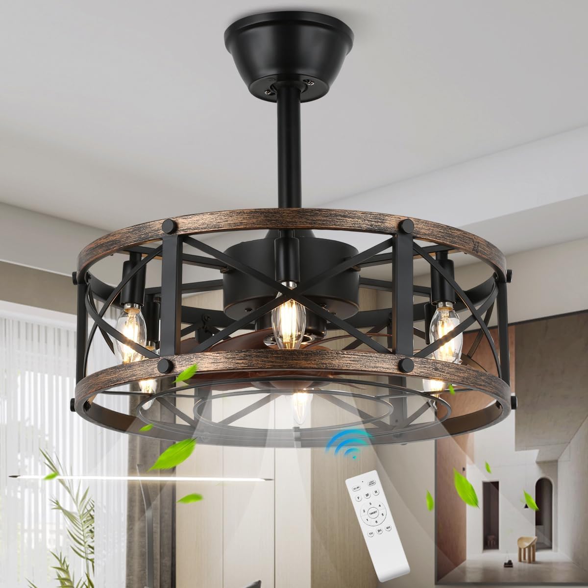 19" Black Caged Chandelier Ceiling Fan with Light & Remote
