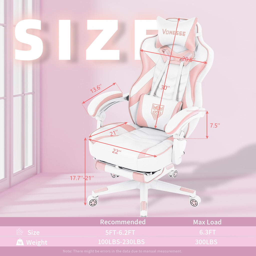 Pink Gaming Chair, Big and Tall Gaming Chair with Footrest and Massage, Gaming Chairs for Adults with Lumbar Support