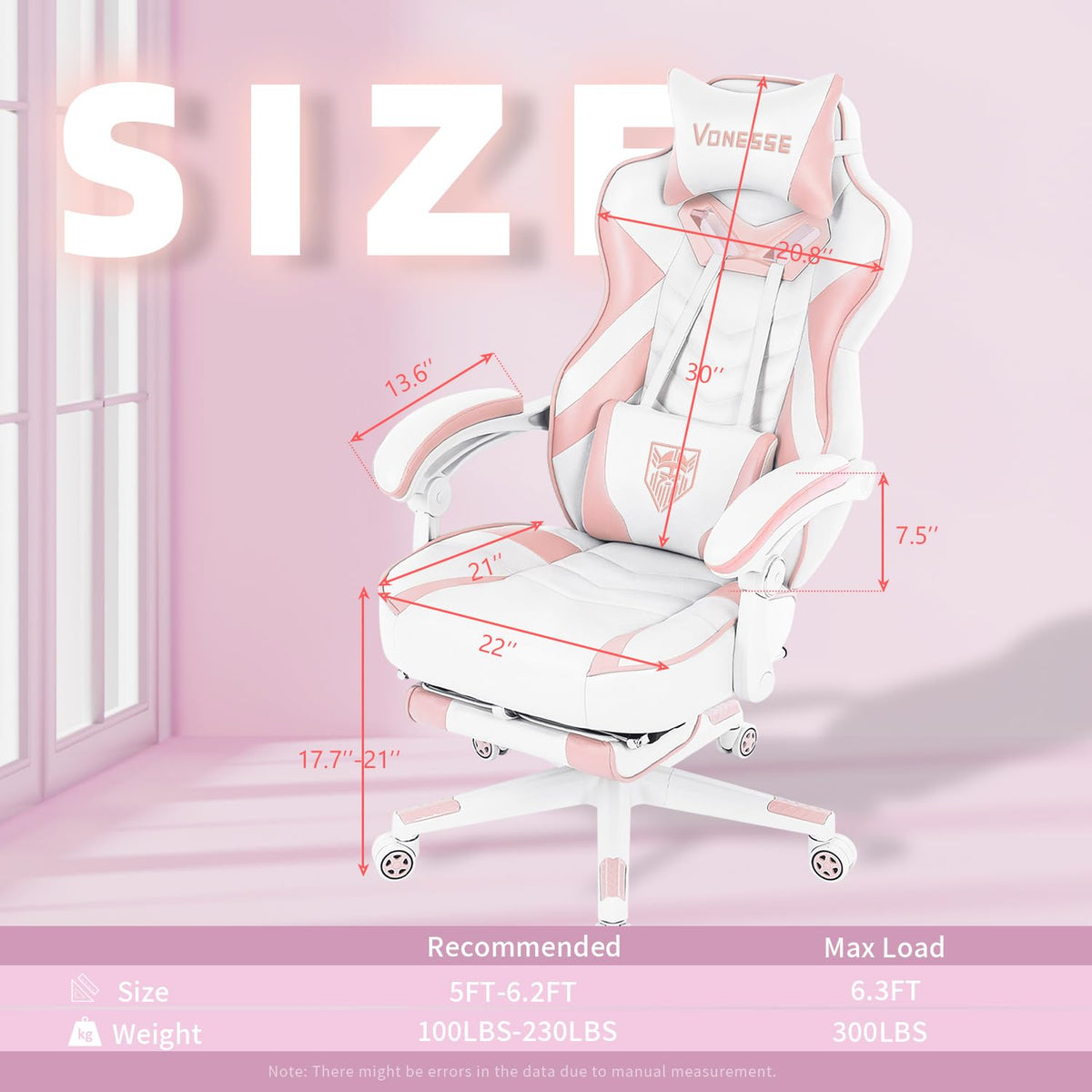 Pink Gaming Chair, Big and Tall Gaming Chair with Footrest and Massage, Gaming Chairs for Adults with Lumbar Support