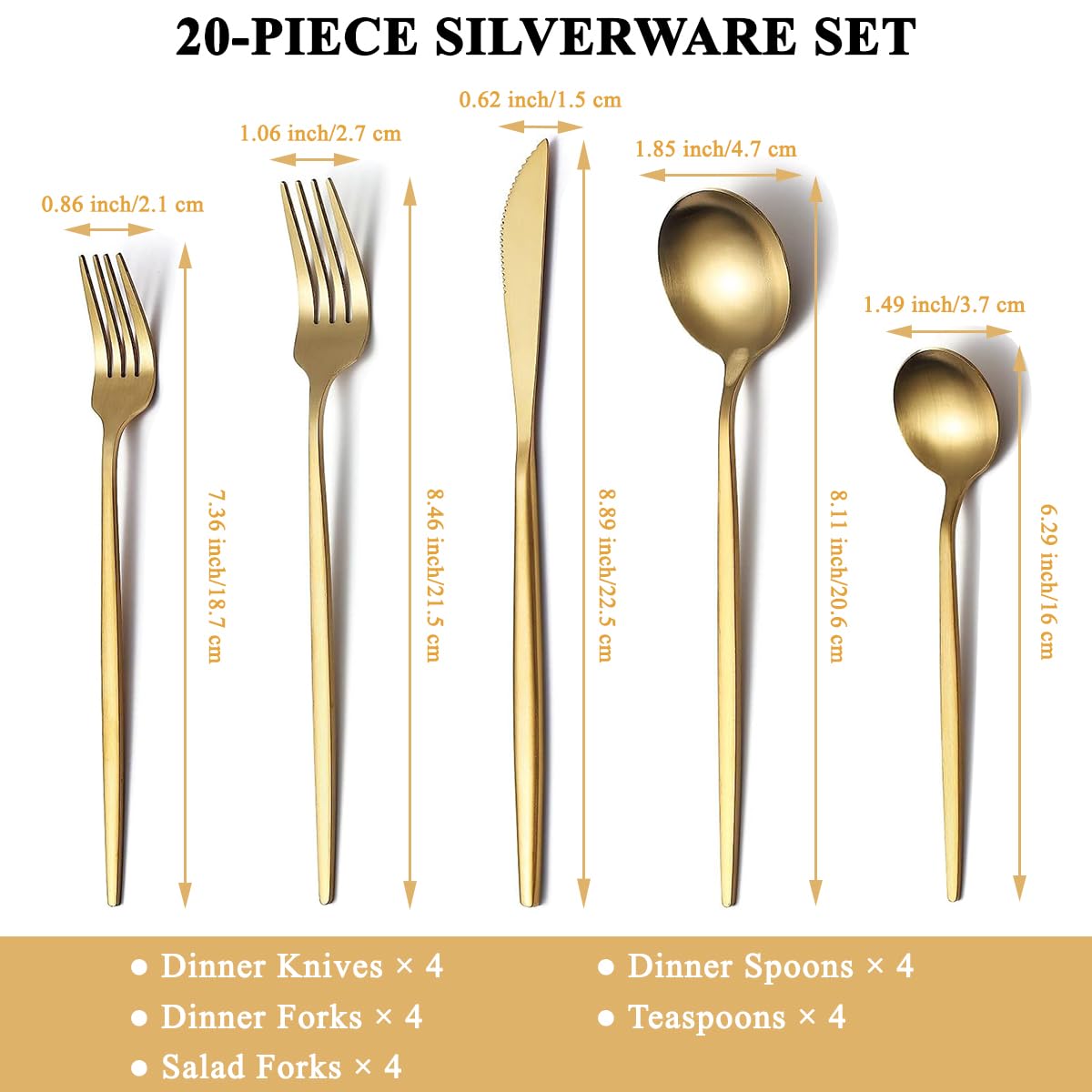 Matte Gold Silverware Set 20 Pieces, Stainless Steel Golden Flatware Set, Titanium Plating Cutlery Set, Matte Gold