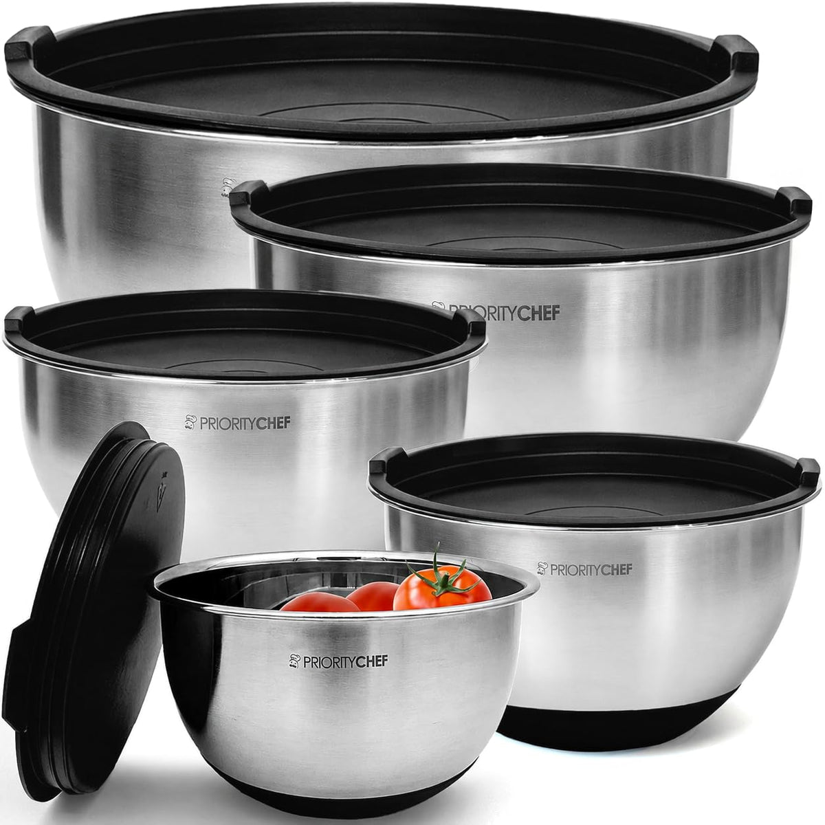 Premium Mixing Bowls with Airtight Lids Set, Thicker Stainless Steel, Black