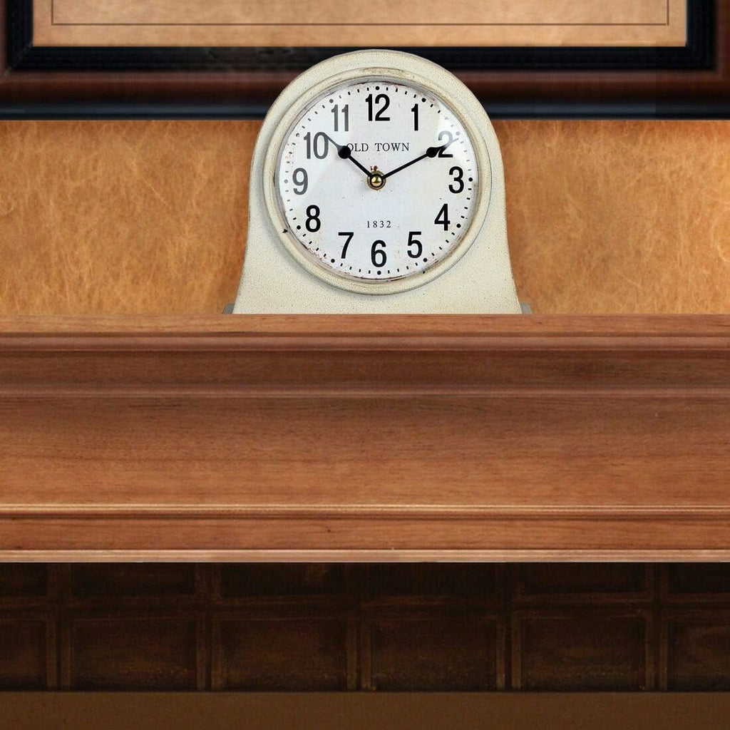 Antique Inspired Farmhouse Desk Or Mantel Clock, Battery Powered, Metal Body, Ivory