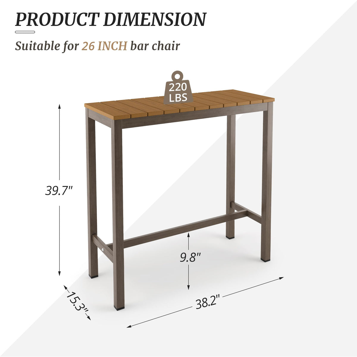 Outdoor Bar Table Set of 2, 38" Patio Bar Height Counter Table, Weather Resistant, Waterproof HDPS Slatted Top