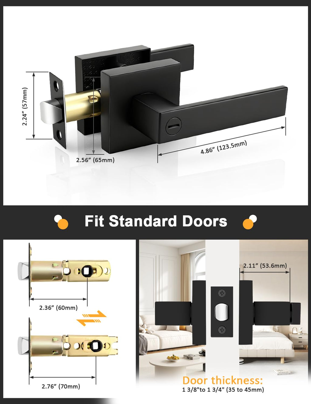 6 Pack Square Privacy Door Levers Locksets in Matte Black Finish, Bed/Bath Door Levers Keyless Interior