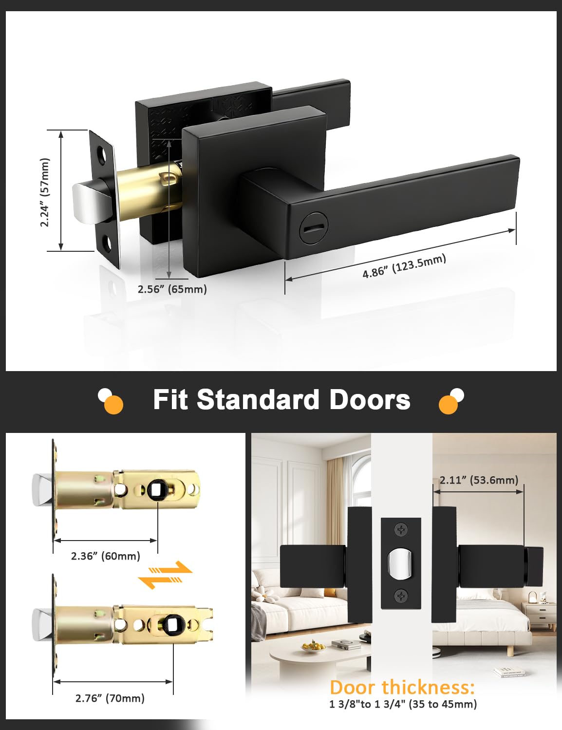 6 Pack Square Privacy Door Levers Locksets in Matte Black Finish, Bed/Bath Door Levers Keyless Interior