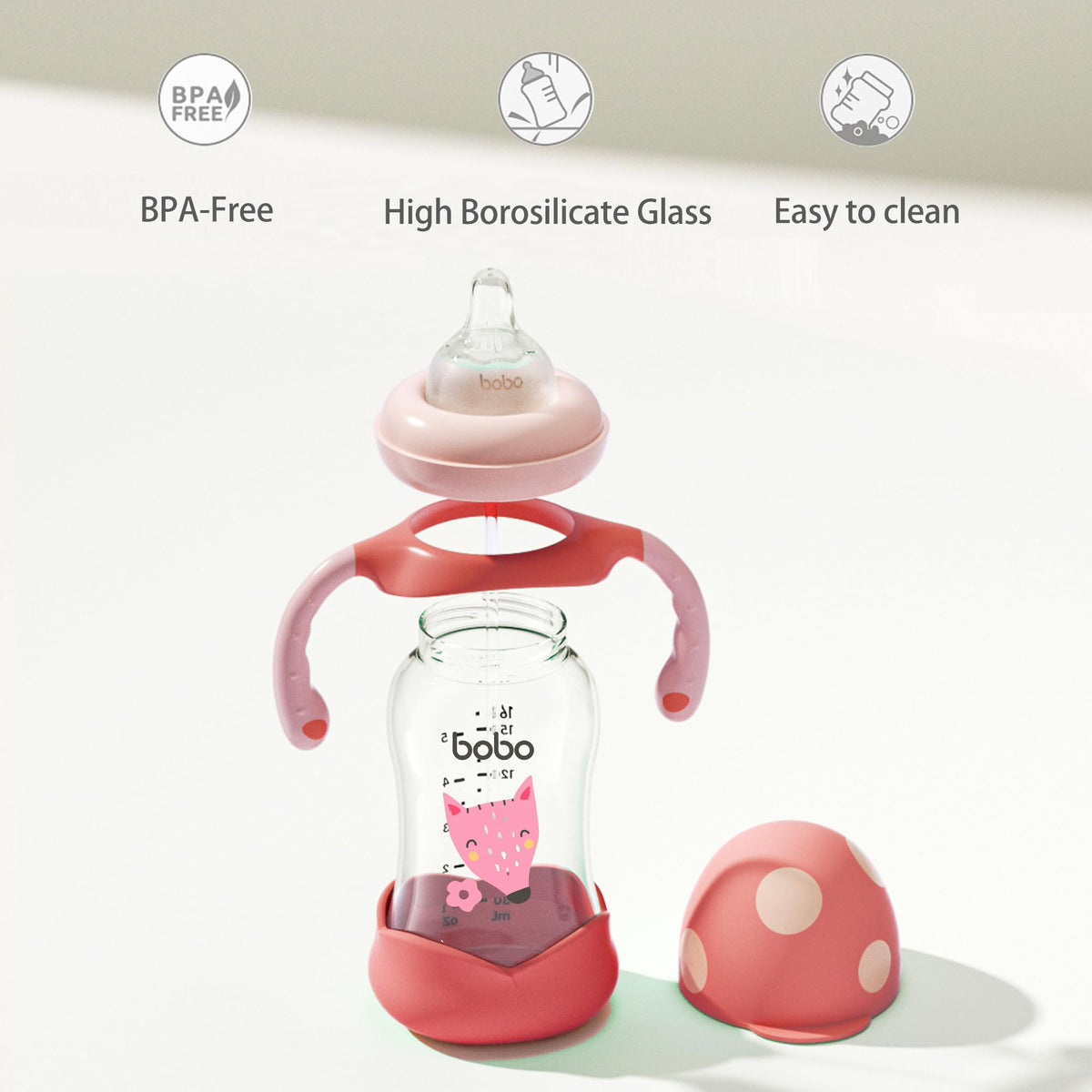 Natural Glass Baby Bottle with Handle, 5.4oz (4-Pack) Red