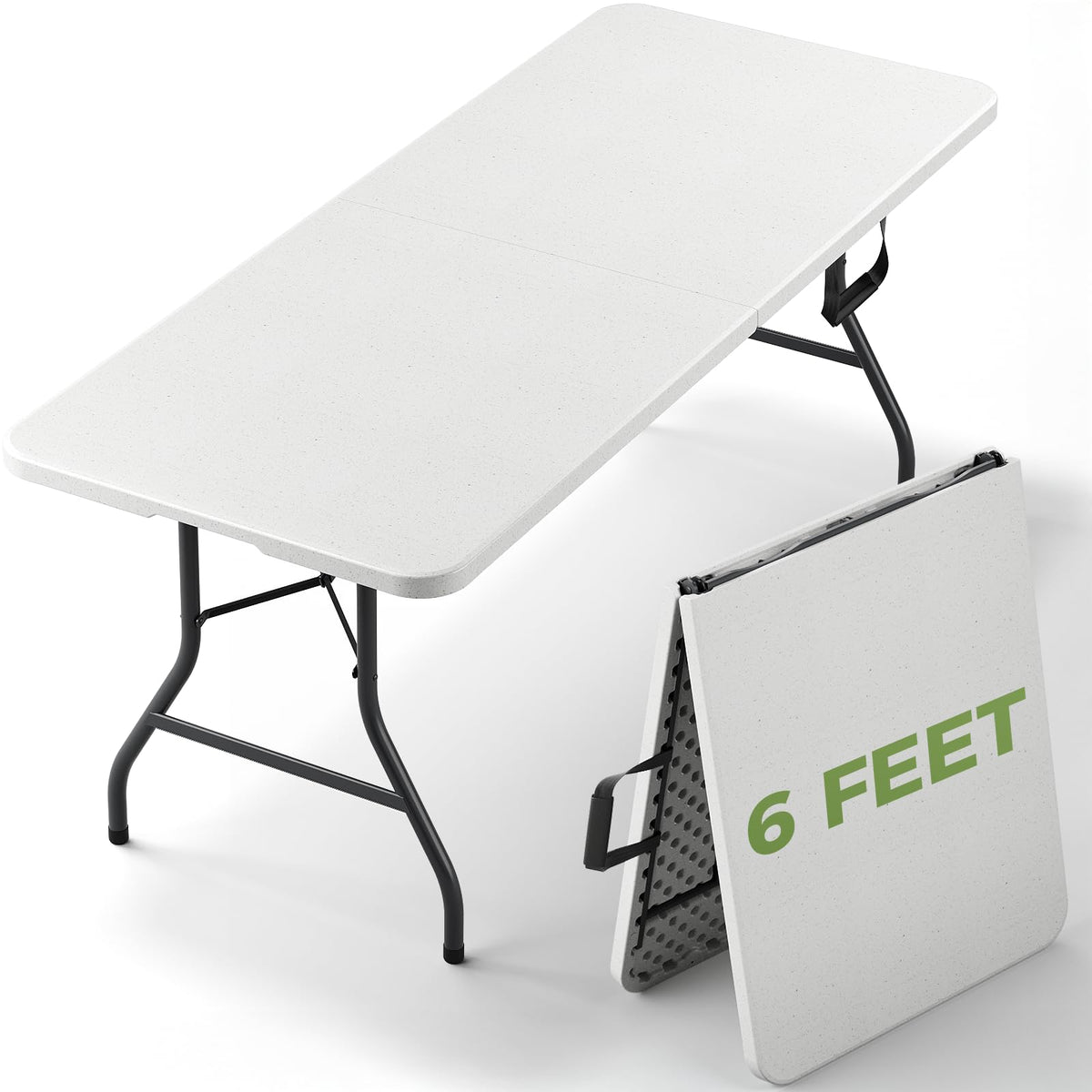 Folding Table, 6 FT Foldable Plastic Table with Carrying Handle, Heavy Duty Portable Fold-in-Half Utility Table for
