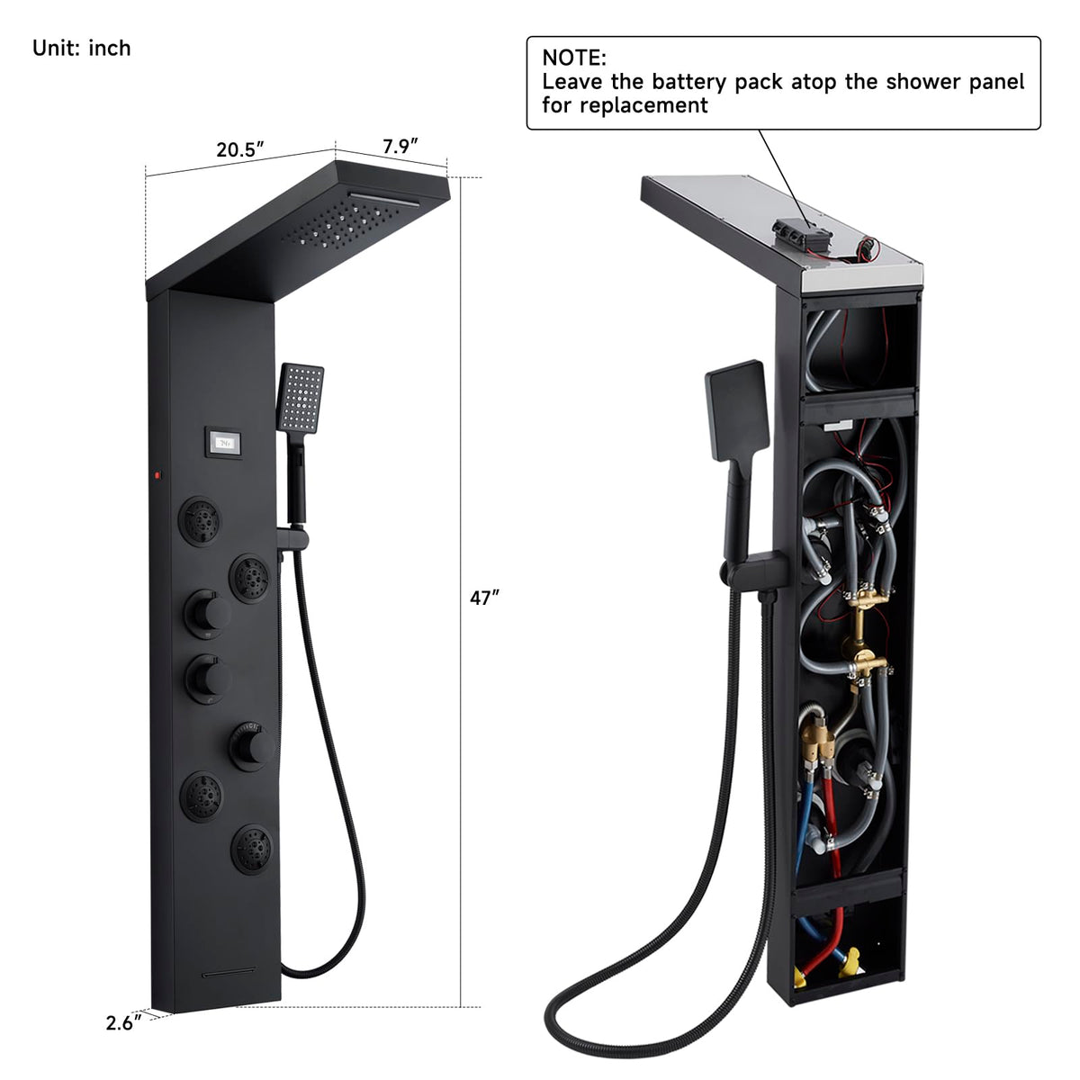5-in-1 LED Shower Panel Tower System Matte Black Stainless Steel