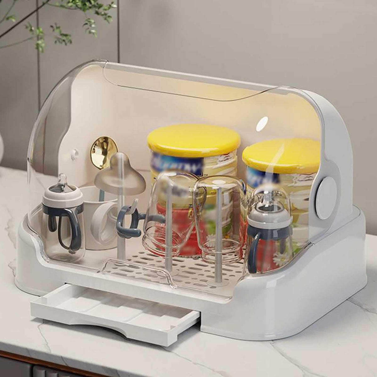 Baby Bottle Drying Rack with Lid,Baby Bottle Storage with Removable Drain,Tray Space Saving Infant Bottle Rack Dryer