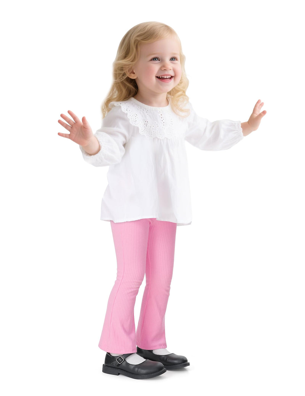 3 Pack Toddler Girl Flare Pants Baby Girls Ribbed Leggings Infant Bell Bottoms Clothes Black+White+Pink
