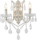 French Country Crystal Wall Sconce, 2-Light Distressed White Gold Candle Style with Teardrop Crystals, Hardwired