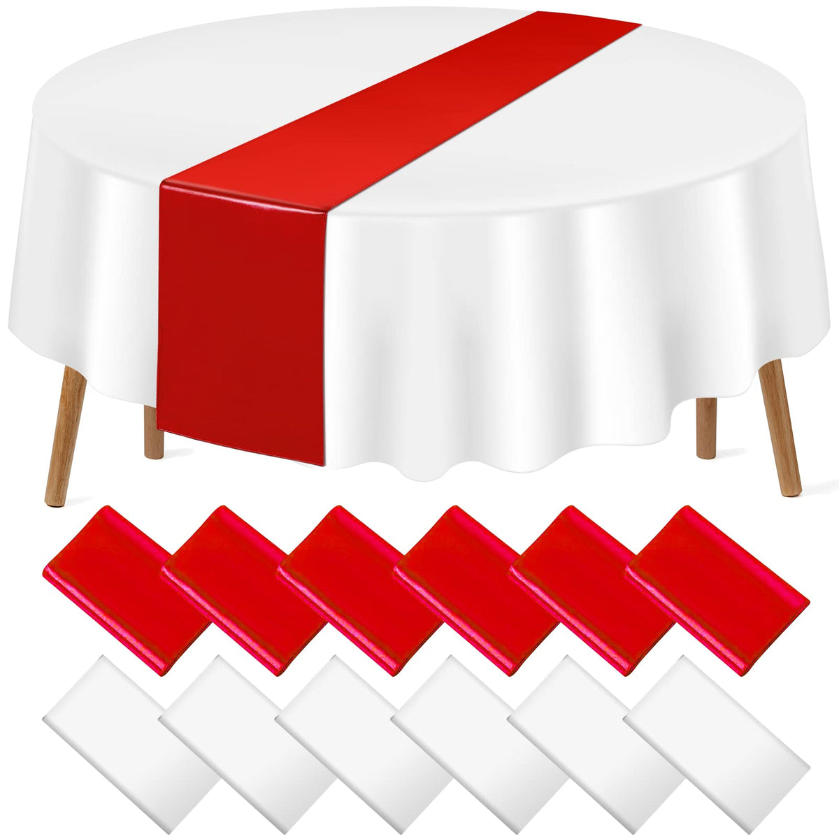 12 Pack 12x108 Inch Satin Table Runner and 84 Inch Round Plastic Tablecloths Set Red and White Disposable Round Table