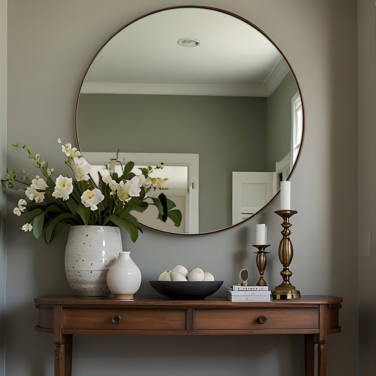 Bronze Round Mirror 36 inch, Oil Rubbed Bronze Round Mirror in Metal Frame, Anti-Rust Large Bronze Vanity Mirror, HD