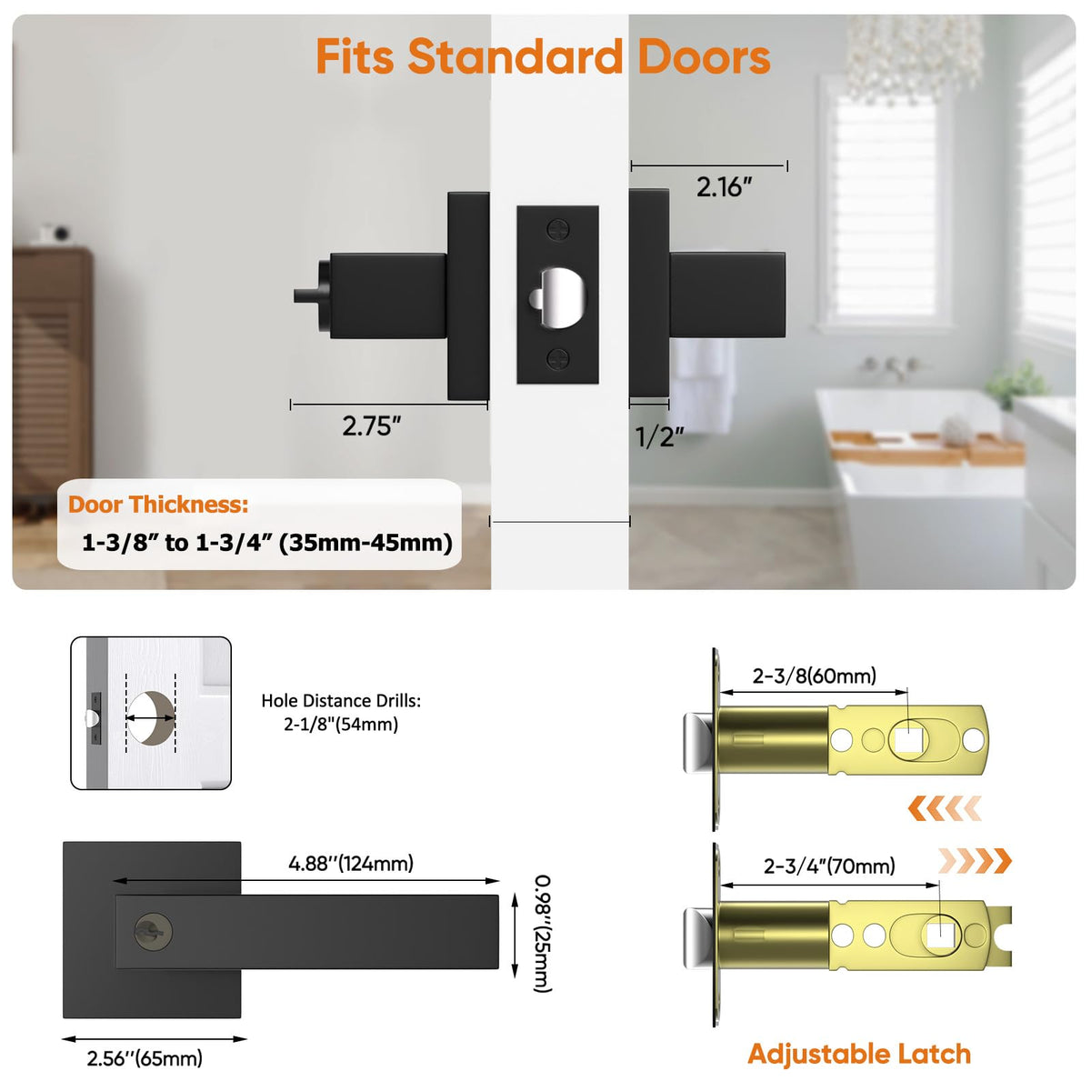 Matte Black Door Handle, Entry Door Levers with 3 Keys, 1 Pack