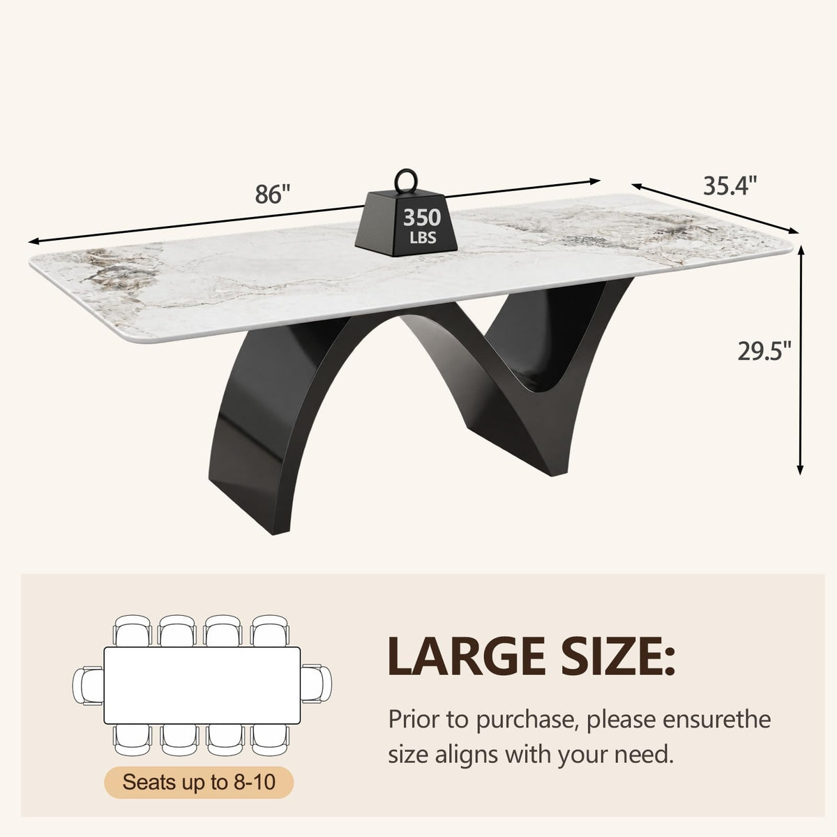 86" Modern Rectangular Dining Table for 8-10, Glossy Sintered Stone Top