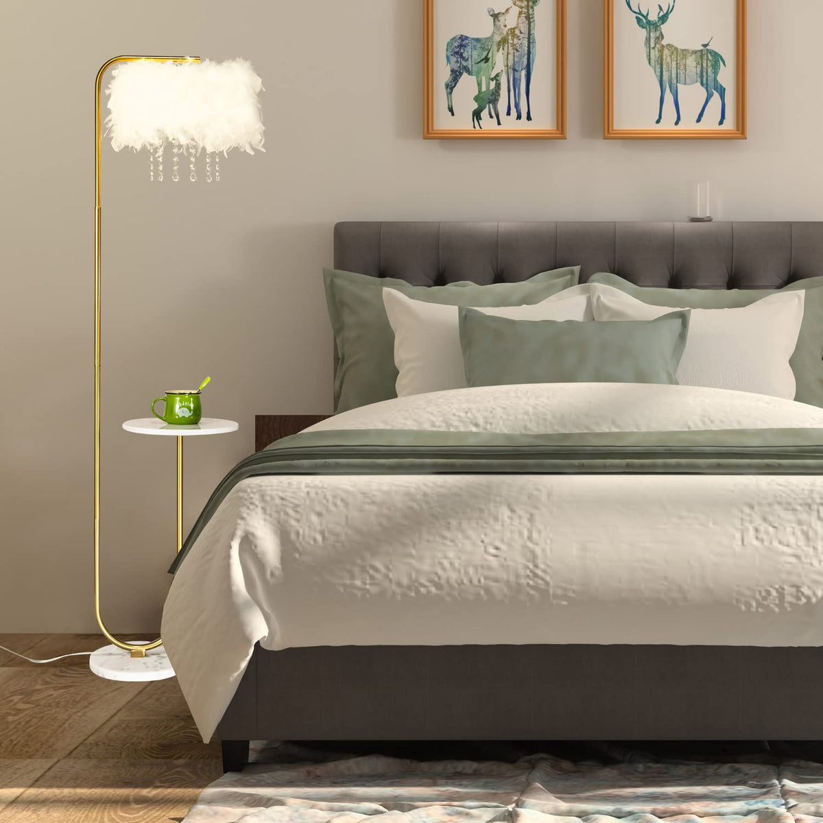 Inspired Arco Style Unique Led White Feather Floor Lamp with Tray, Ostrich Feather Stand Lamp, Living Room Bedroom Office Shop Window