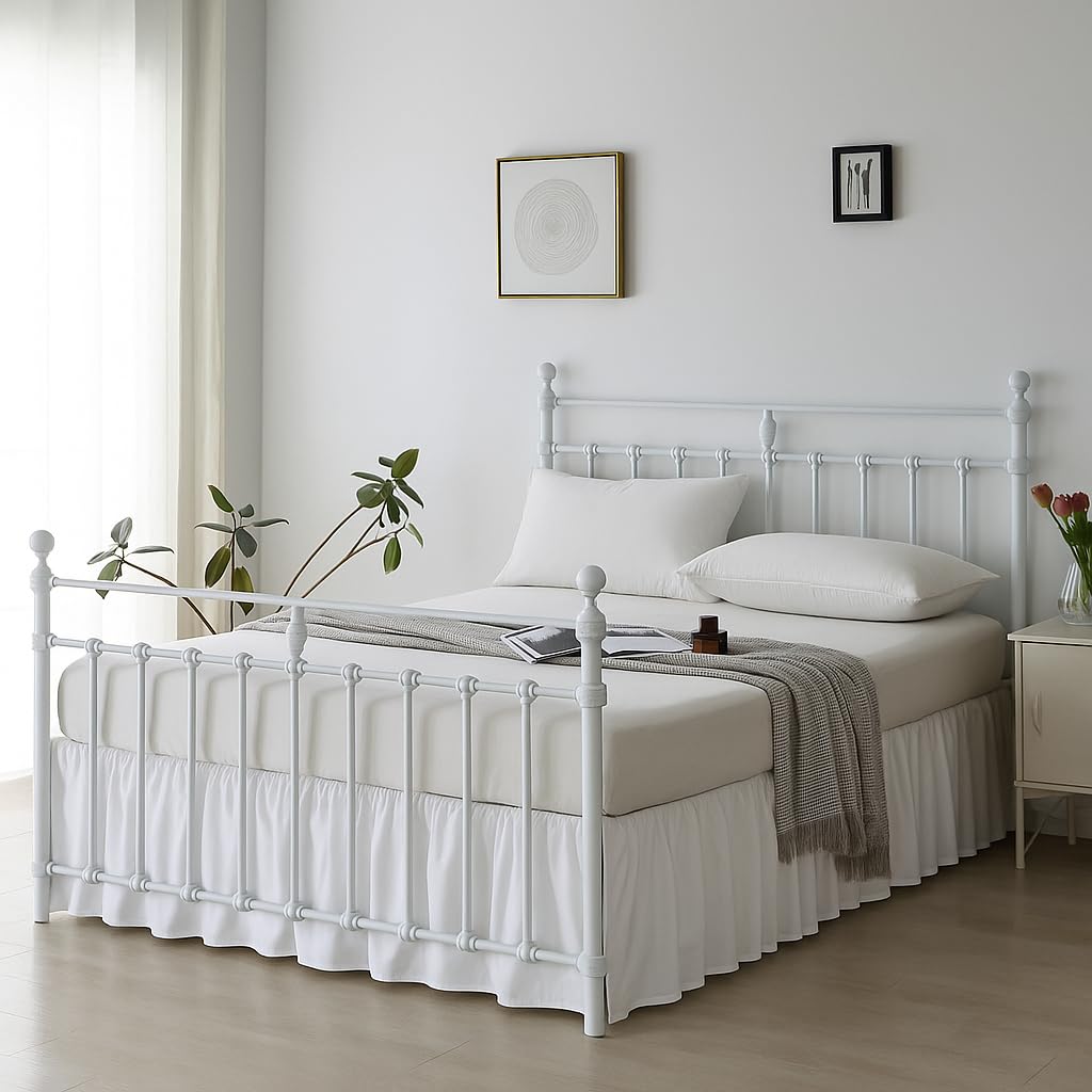 Ruffled Bed Skirt, White, 16 Inch Drop with Split Corners and Platform, Bed Skirt with Ruffles