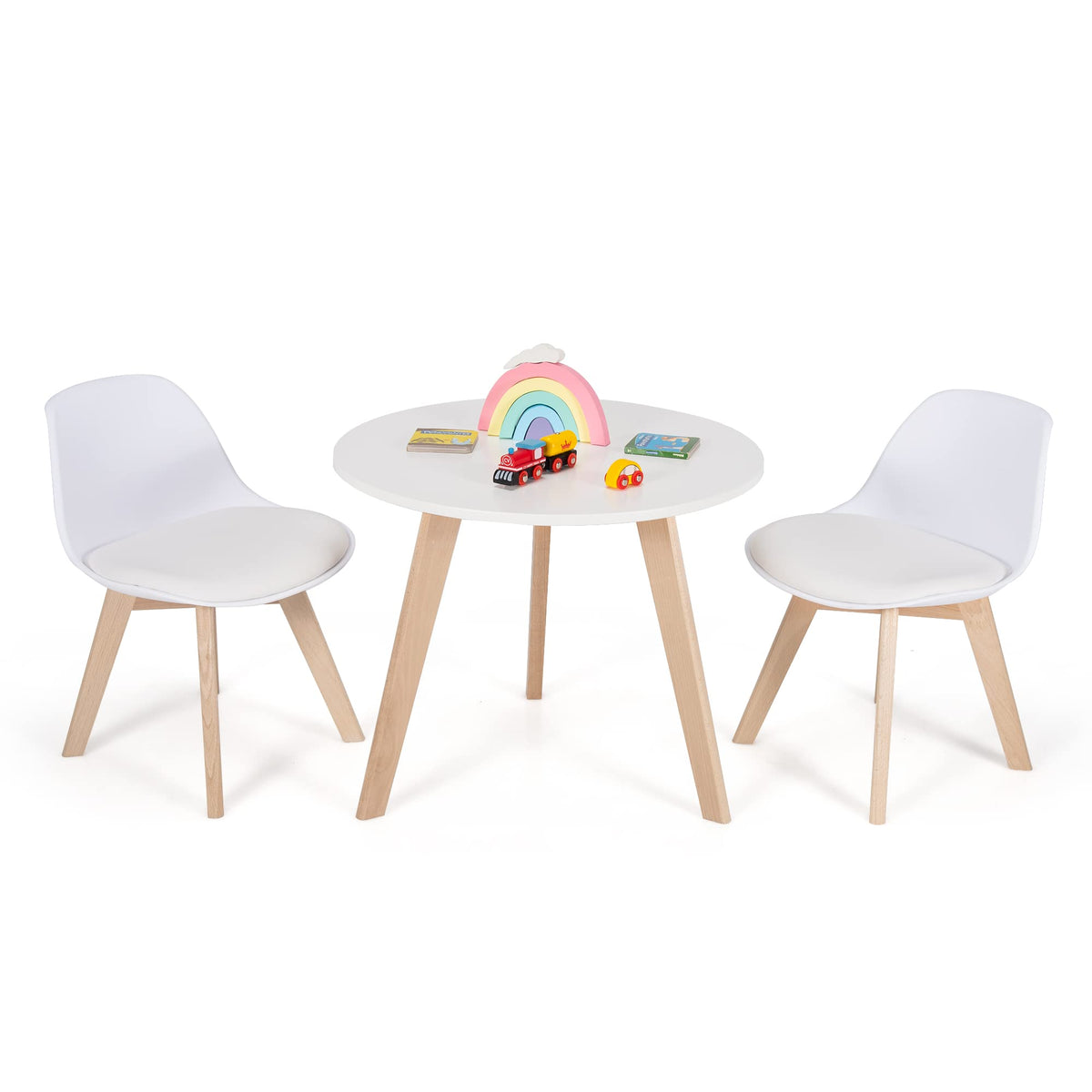 Kids Table and Chair Set, 3 PCS Wood Activity Play Table w/Padded Seat & Wood Legs for Arts, Crafts, Reading