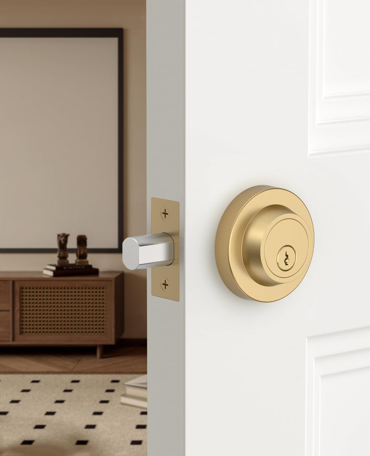 1 Pack Champagne Bronze Deadbolt Lock, Round Exterior Keyed Front Entry Door, Exterior Door Security, Door Lock Set