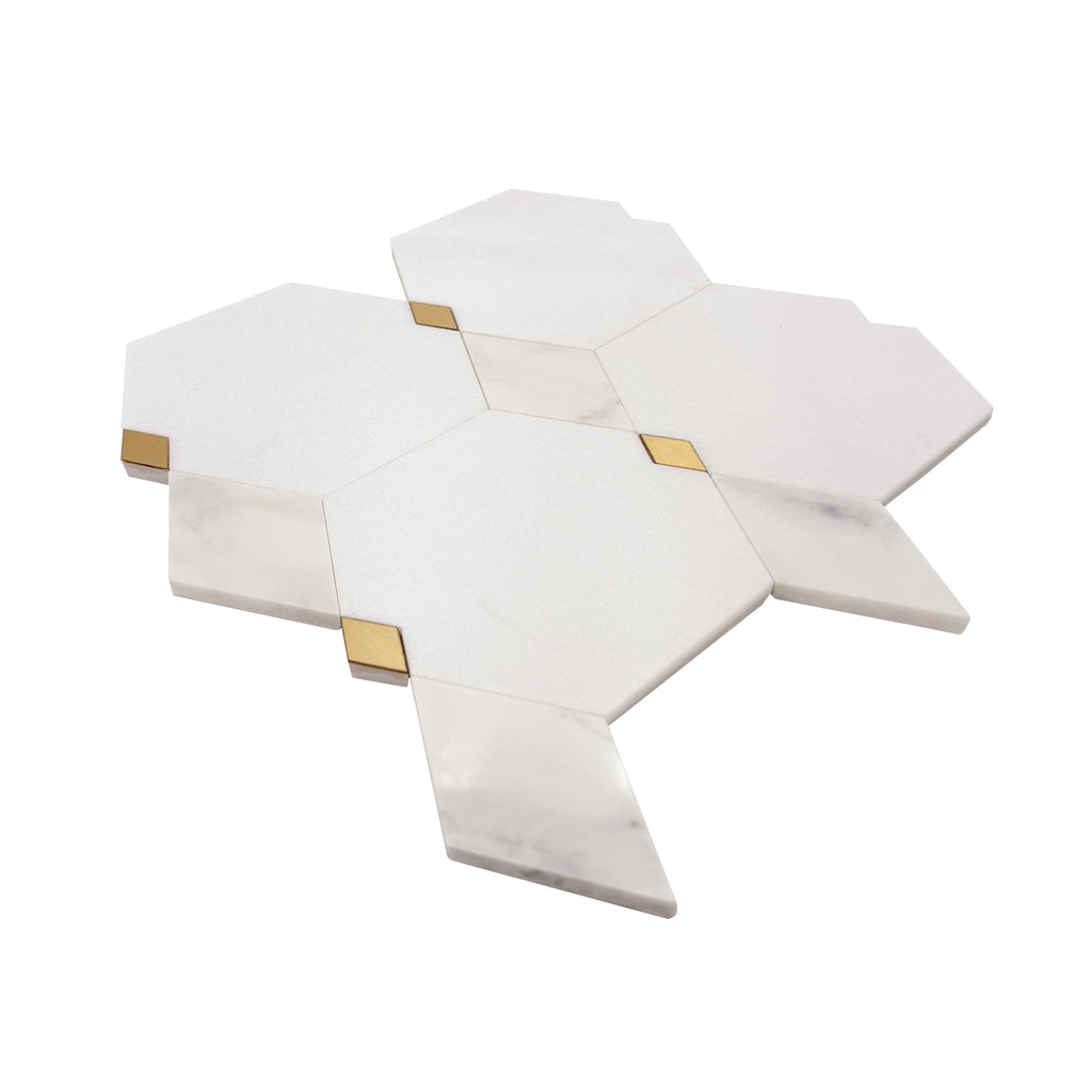 Calacatta Thassos Waterjet Mosaic, Marble with Brass, Polished, Wall Floor Tile