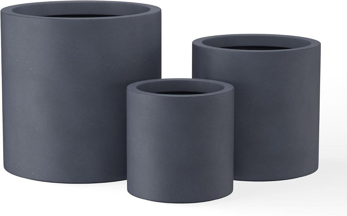 Set of 3 Charcoal Concrete Cylinder Planters 15.8" 12.9" 15.8" Dia | Drainage for Outdoor, Rubber Plug for Indoor