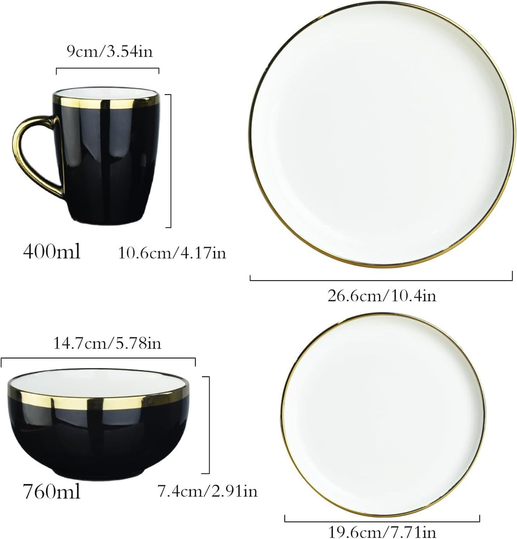 Black and Gold Ceramic Dinnerware Sets for 4, 16-Piece Luxury Plates and Bowls Sets with Gold Rim, Modern Dish Set