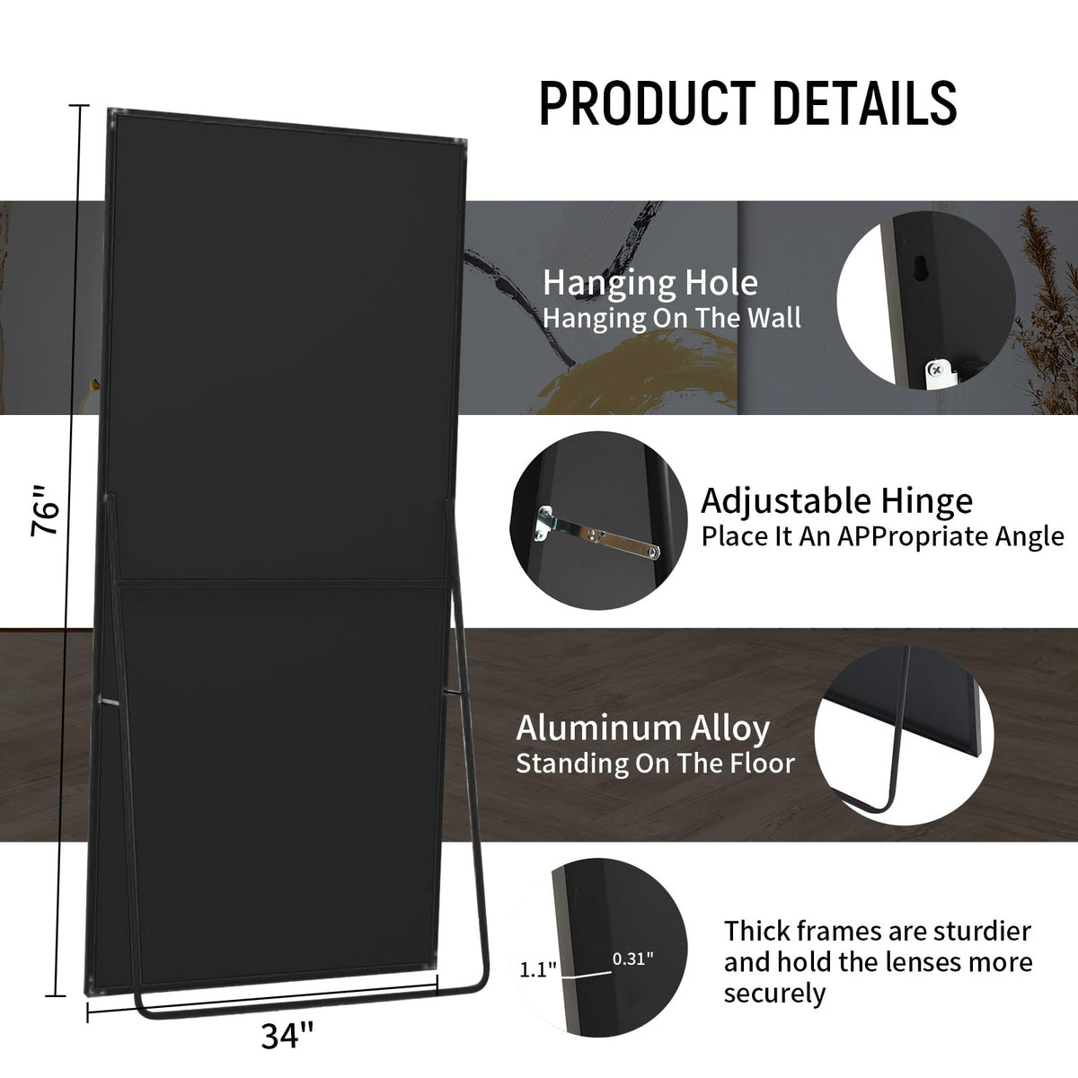 76" x 34" Full Length Mirror with Stand, Black Large Floor Mirror