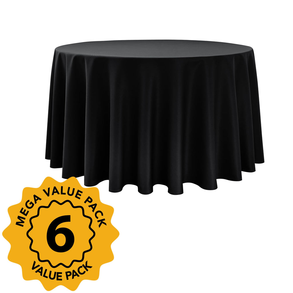 6-Pack Black Round Tablecloths, 120 in, for 5-6 Ft Round Tables