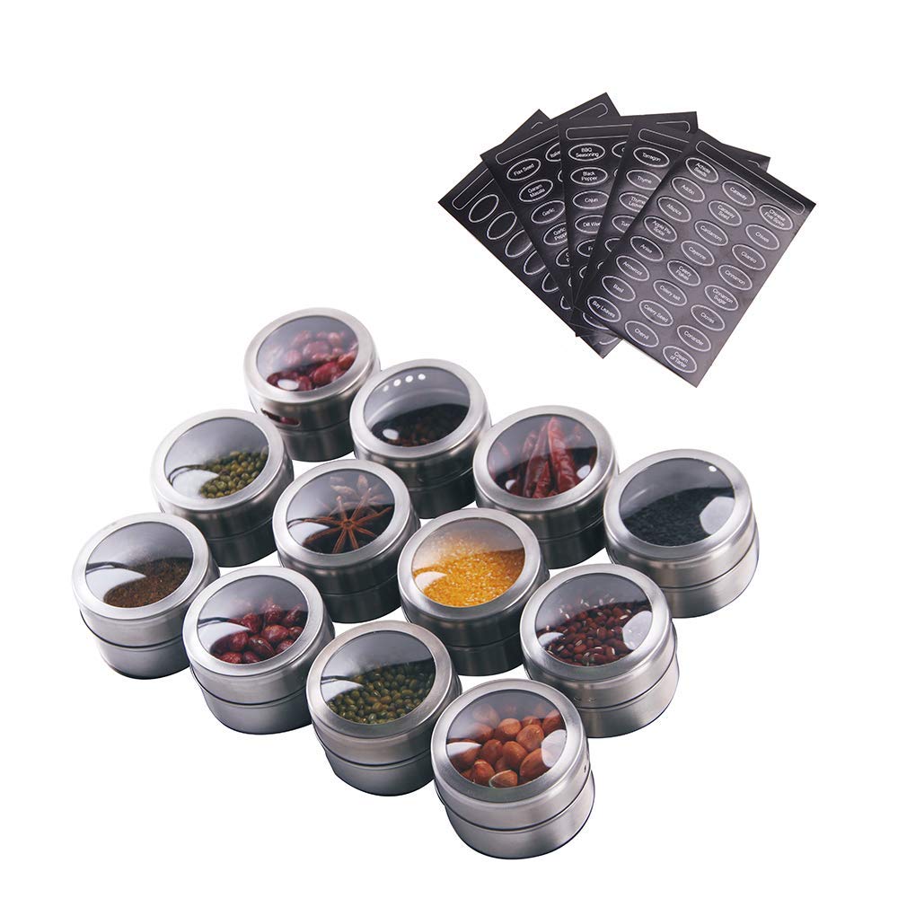 12 Powerful Magnetic Spice Tins- Stainless Steel Spice Storage Containers, Kitchen Spice Jars with Clear Lid