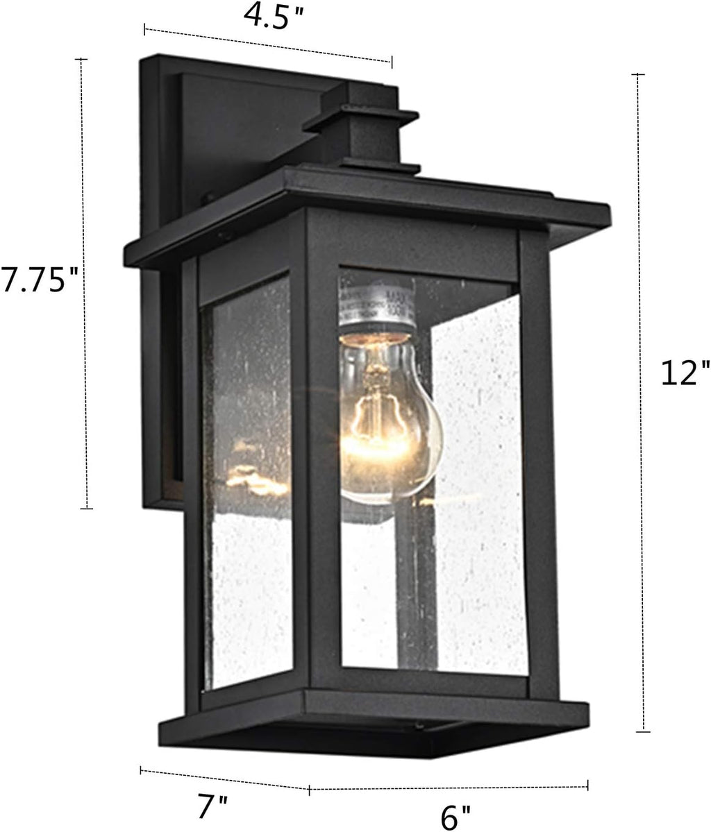 2-Pack Black Outdoor Wall Sconce, 12-Inch Modern Square Exterior Light Fixtures with Clear Seedy Glass