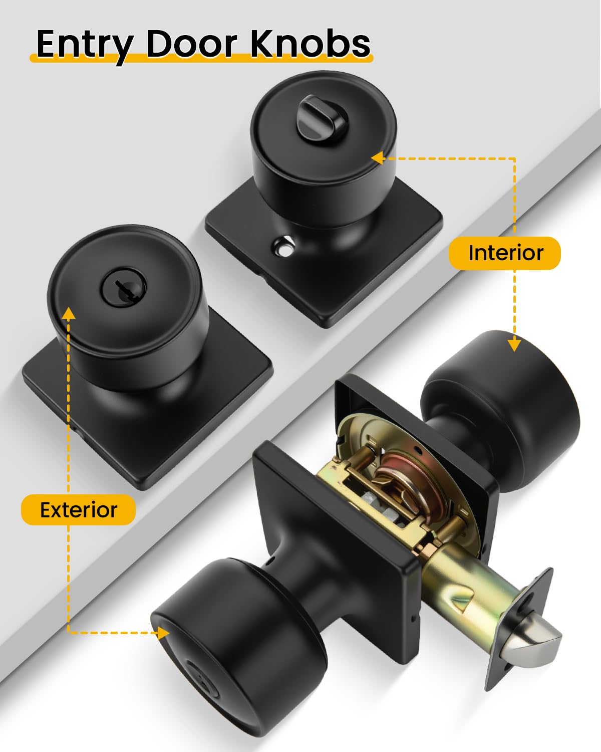 Matte Black Exterior Door Knobs with Lock, Keyed-Alike 6 Pack