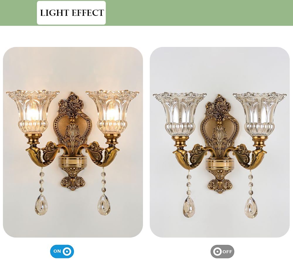 Vintage Glass Wall Sconce, Elegant Brass Wall Light, Crystal Floral Bedside Wall Lamp, Wall Mounted Lamp for Entrance, Bedroom, Hallway
