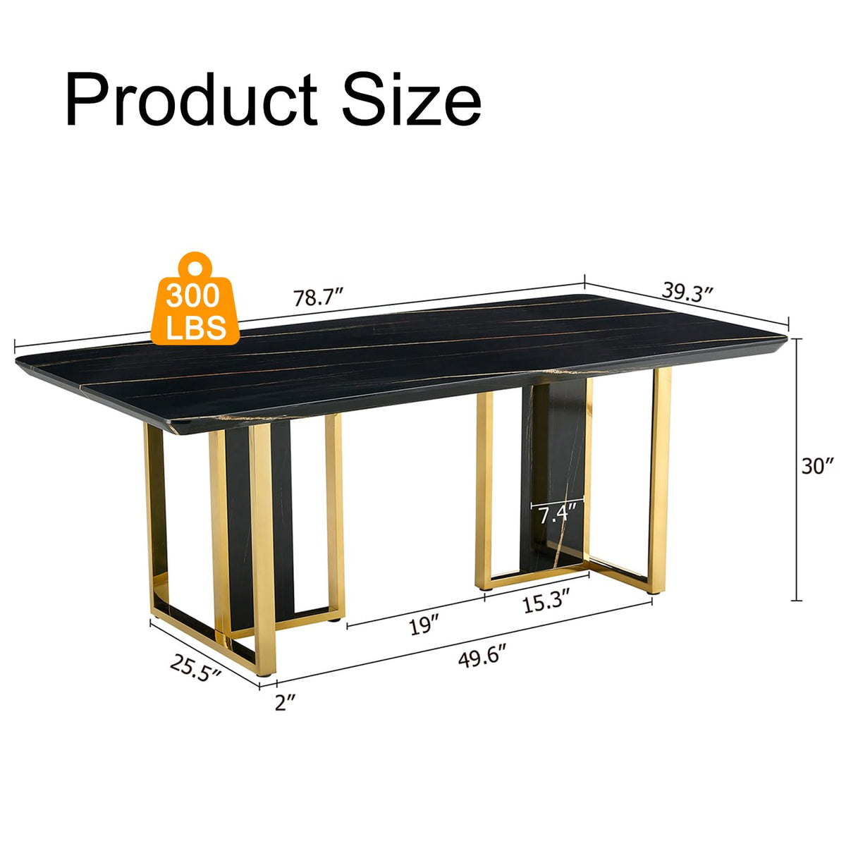 79 Inch Faux Marble Dining Table, Black Rectangular Kitchen Table, 1.8 Inch Thick Mid Century Modern Design, Luxury