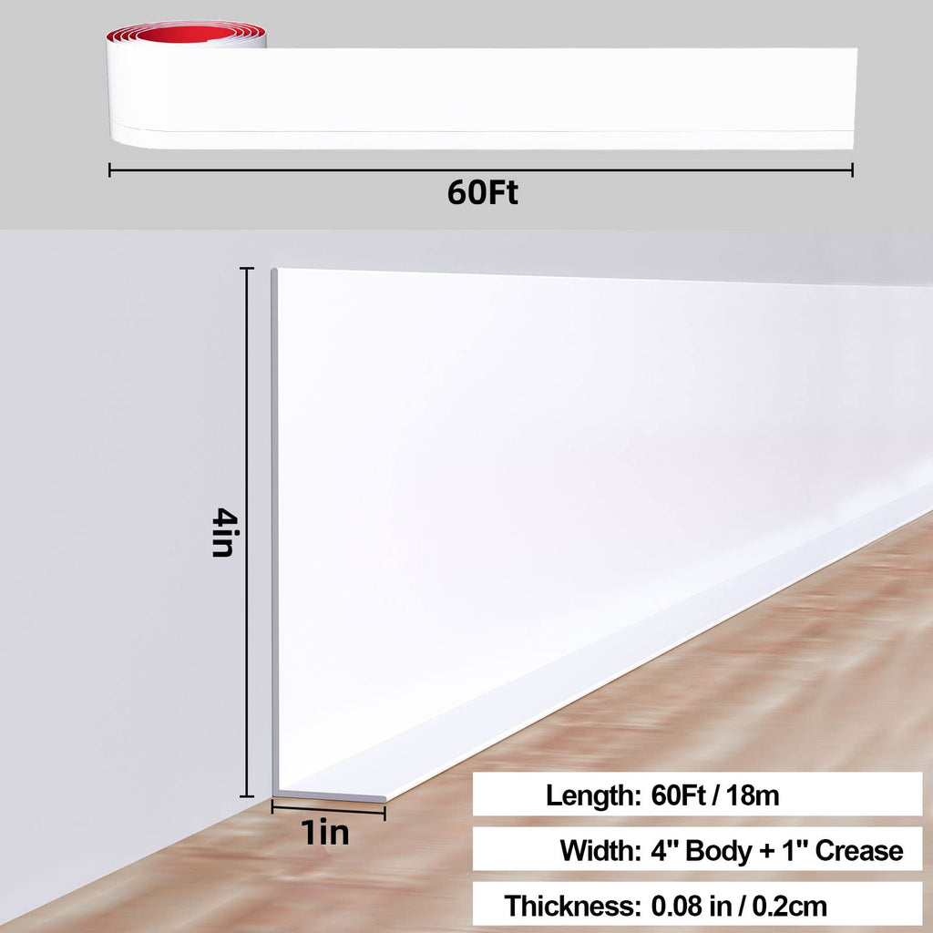 Flexible Baseboard Molding Trim, 5 Inch(W) x 60 Feet(L) Peel and Stick Rubber Wall Trim Molding, Self-Adhesive Vinyl
