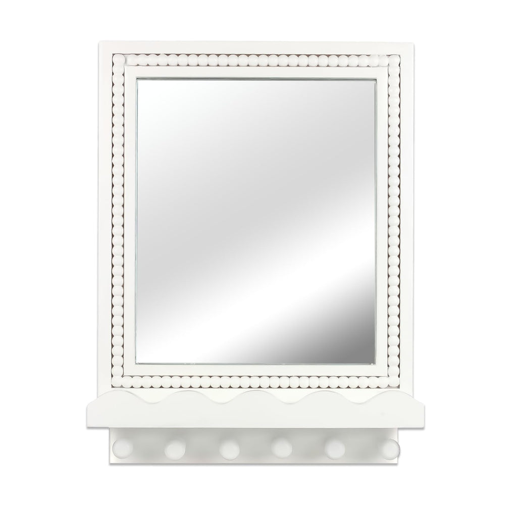 16x12 Inch Wall Mount Beaded Wood Framed Mirror with Shelf and 6 Hooks, White Decorative Entryway Mirror with Storage
