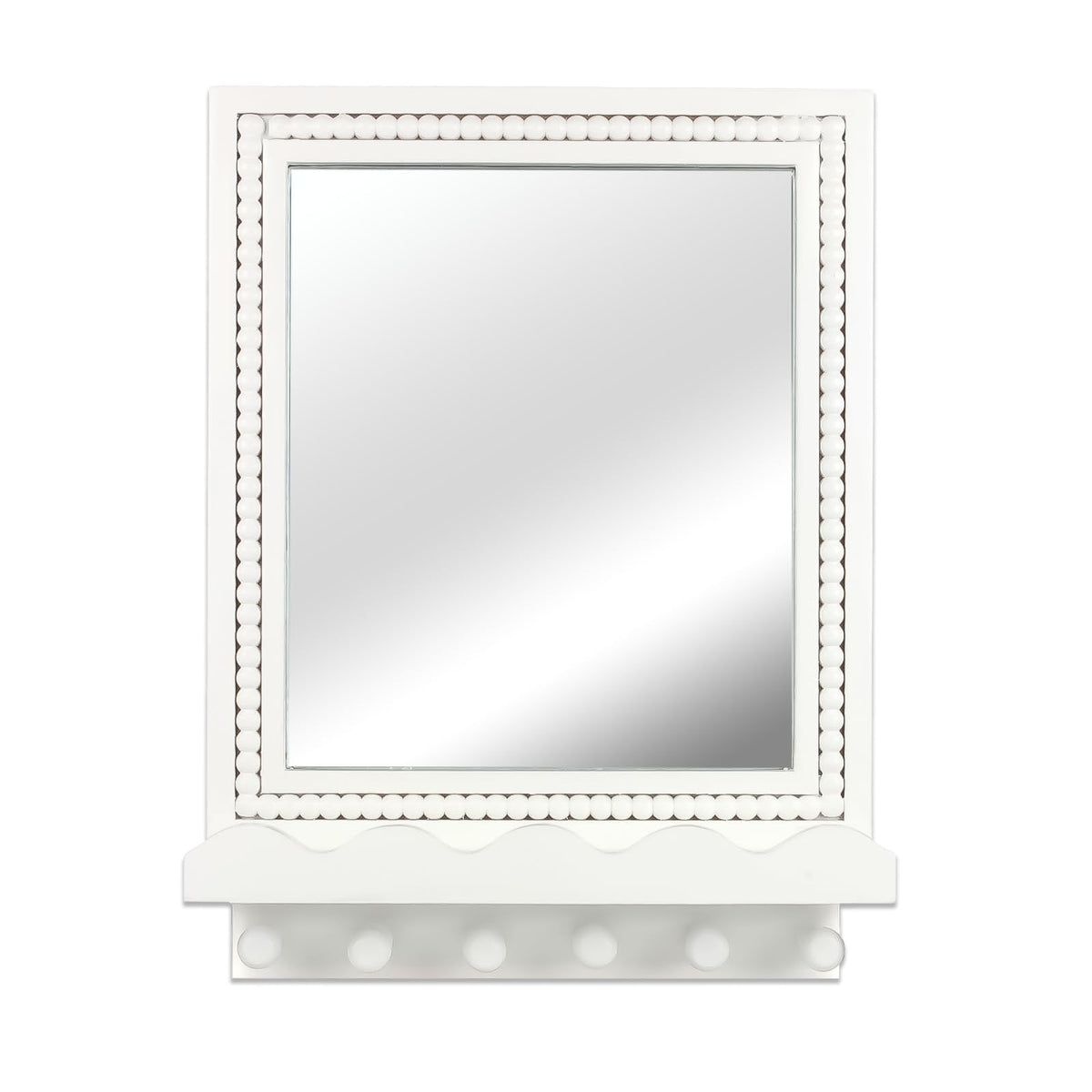 16x12 Inch Wall Mount Beaded Wood Framed Mirror with Shelf and 6 Hooks, White Decorative Entryway Mirror with Storage