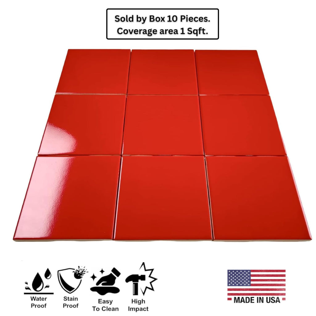 4.25x4.25 Inch Glossy Red Ceramic Wall Tile by - Box of 10 Pieces (1 Sq Ft) for Classic Kitchen Backsplash, Bathroom