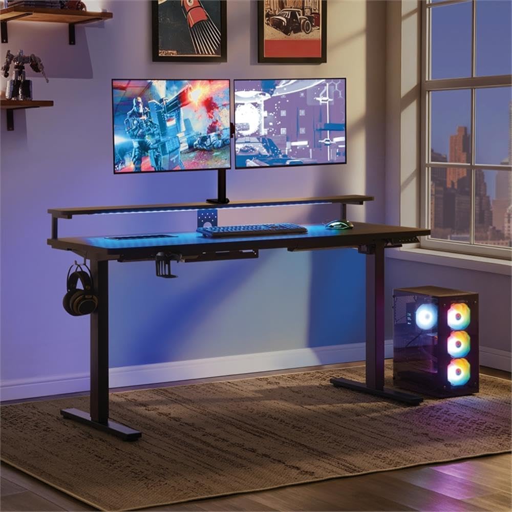 60 Inch Electric Height Adjustable Gaming Desk, Black Carbon Fiber Finish, Hutch with Elevated Monitor Shelf, Steel
