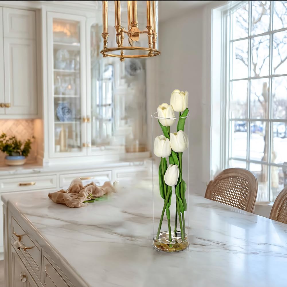 Artificial Tulips in Clear Cylinder Vase Faux PU Tulip Wedding Centerpiece Fake Tulips in Cylinders White Tulip