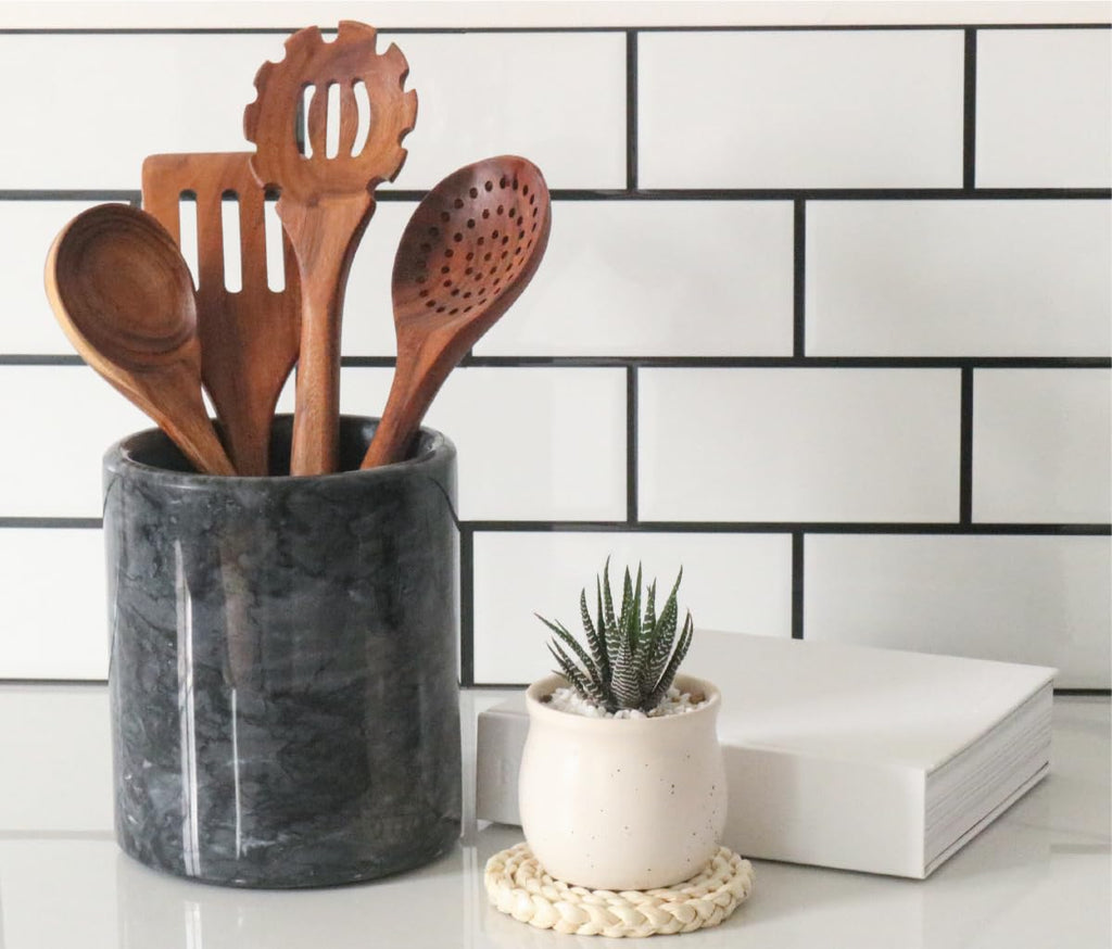 Black Marble Kitchen Utensil Holder, Weighted Utensils Organizer Crock for Countertop, Wine Chiller Bucket