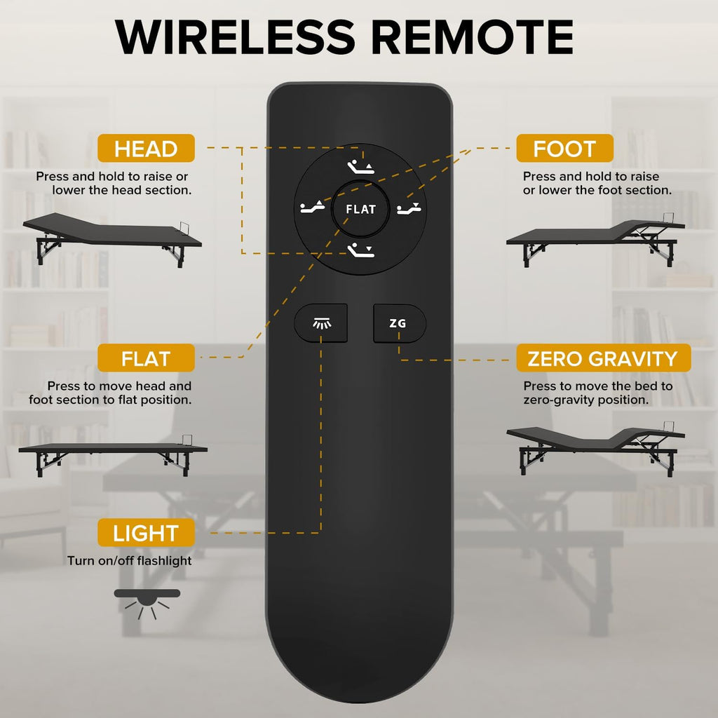 King Adjustable Bed Base Frame with Wireless Remote (Black, King)
