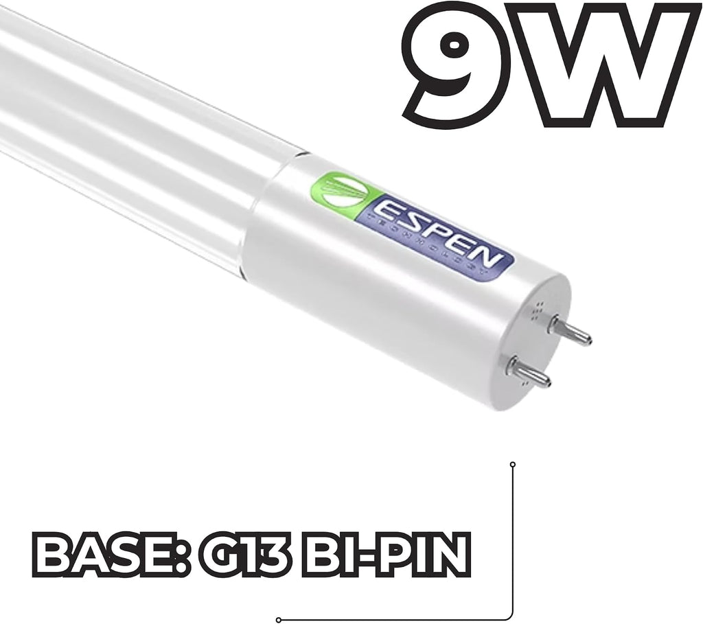 2FT T8 LED Tube Light 9W 1150 Lumens, Type B Ballast Bypass, Internal Driver, Double-End Powered, 3000K-5000K