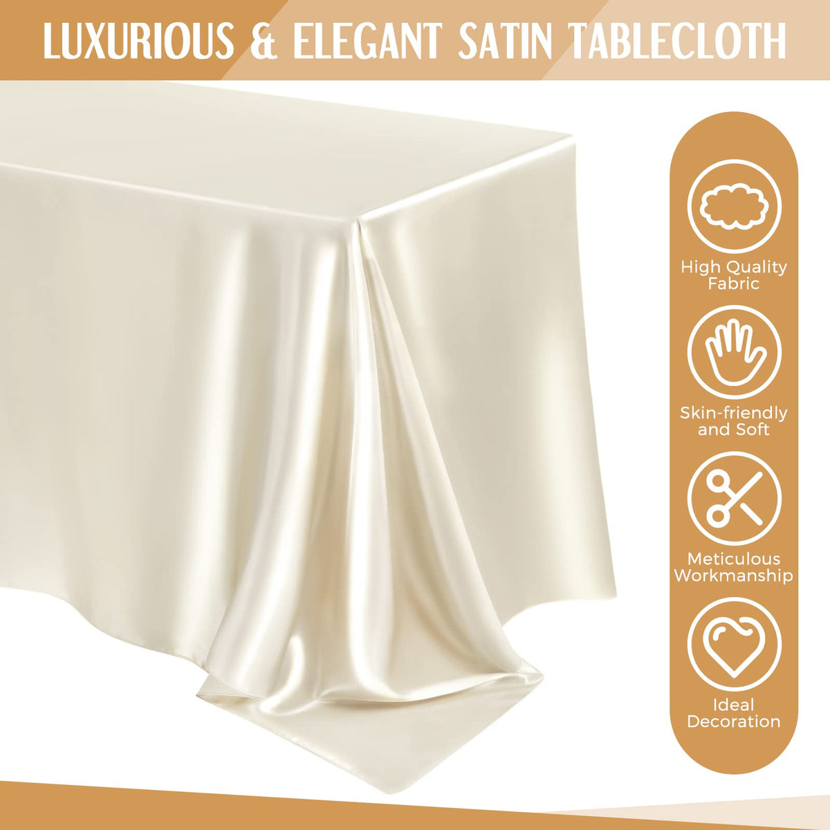 8 Pack Wedding Satin Tablecloth 102 x 58 in Rectangle, Ivory