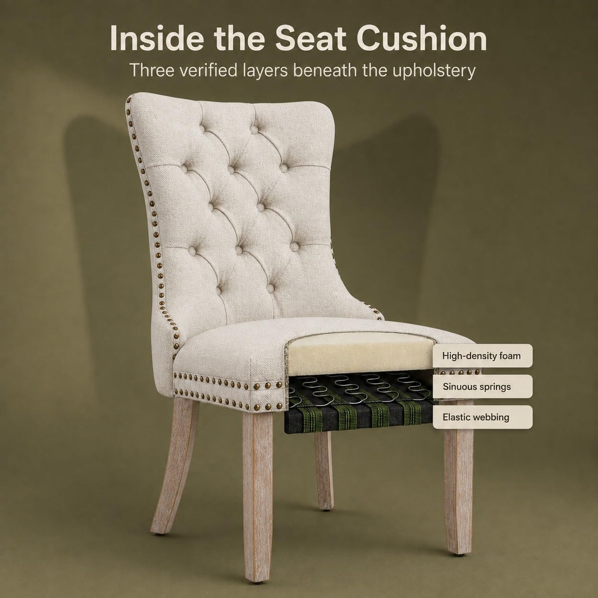 Beige-White Set of 6, Tufted Kitchen & Dining Room Chairs