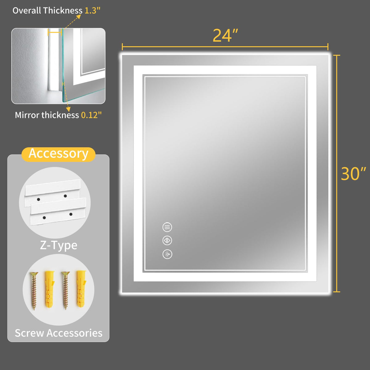 24"x30" LED Bathroom Mirror with Lights, Anti-Fog, Backlit + Front Lit, Dimmable, Led Vanity Mirror for Wall, Lighted