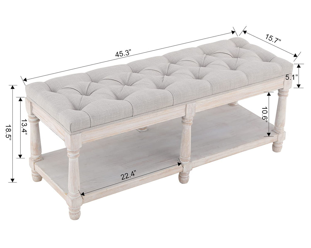 Farmhouse Storage Bench Wooden Entryway Upholstered Tufted Ottoman Bench End of Bed Hallway Organizer, Beige